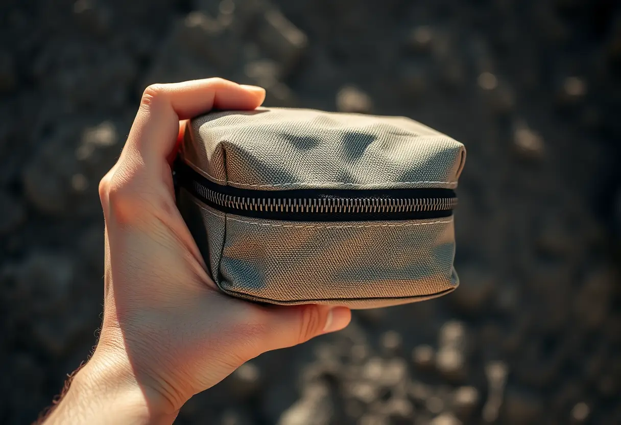 Une main tenant un sac de voyage compact en toile robuste fermé prêt pour le voyage.