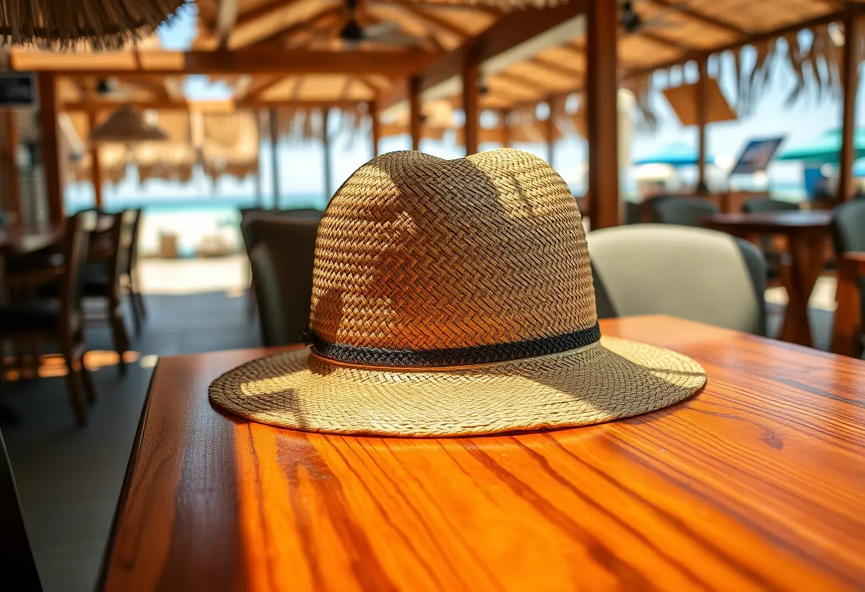 Un chapeau en paille tressé posé sur une table en bois dans un restaurant de plage, projetant une ombre sur le bois vernis.