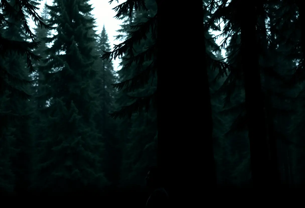 Un silhouetté près d'un arbre vert dense en forêt
