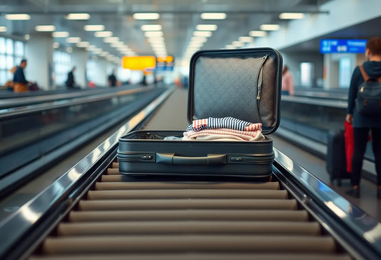 Une valise rectangulaire sur un tapis transporte à l'aéroport, ouverte sur des vêtements pliés