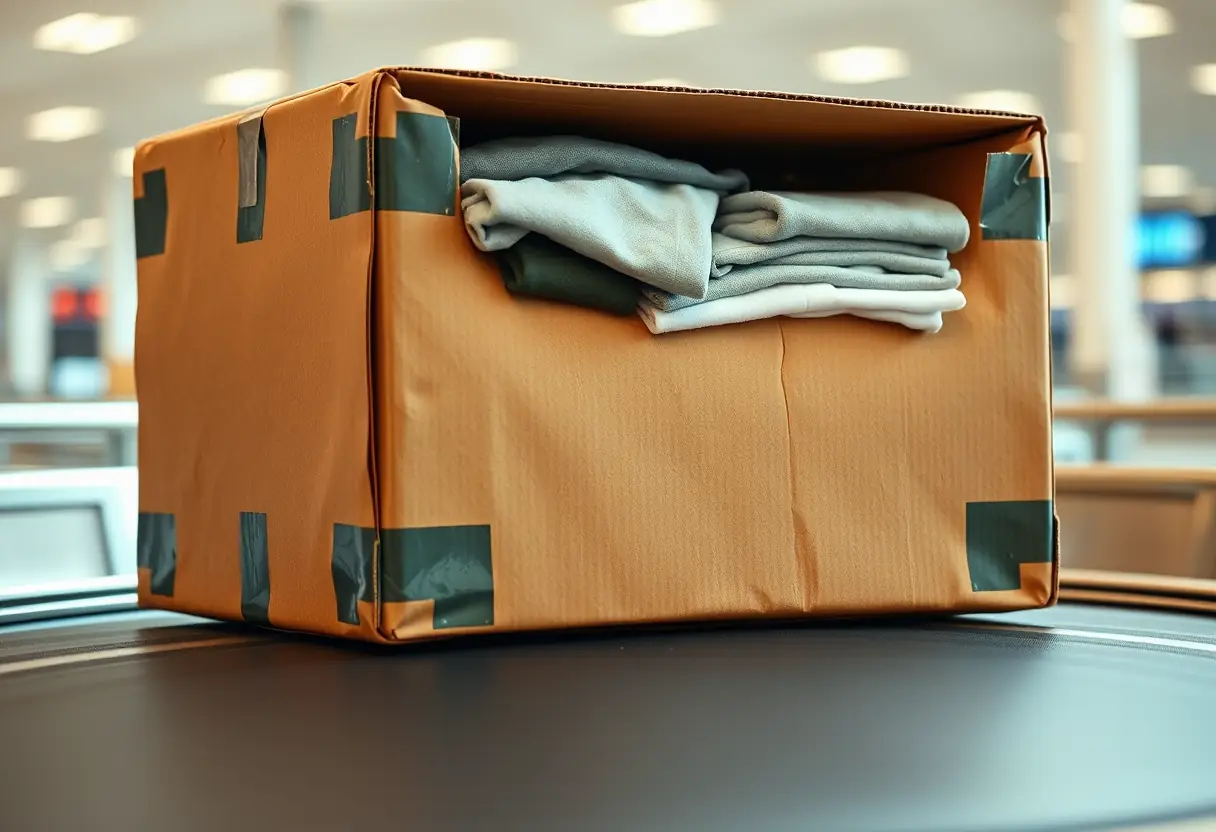 Une grande valise rectangulaire en carton sur un tapis de bagages à l'aéroport, remplie de vêtements pliés.