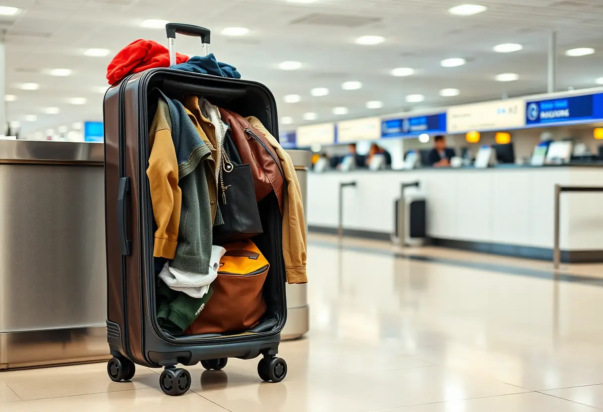 Une valise rectangulaire pleine posée sur un comptoir d'enregistrement à l'aéroport