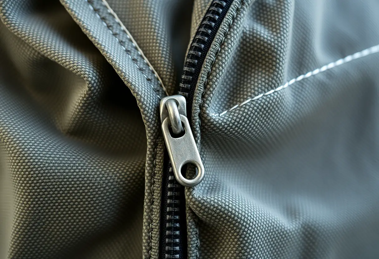 Un zip métallique fermé sur un sac à dos en toile robuste