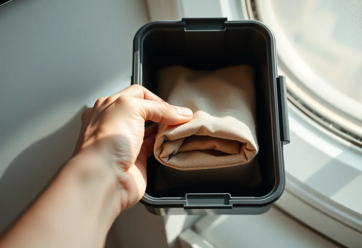 Une main plonge dans une petite valise rectangulaire pour sortir un sac carré replié, la lumière naturelle met en valeur les textures, sujet voyage et bagages.