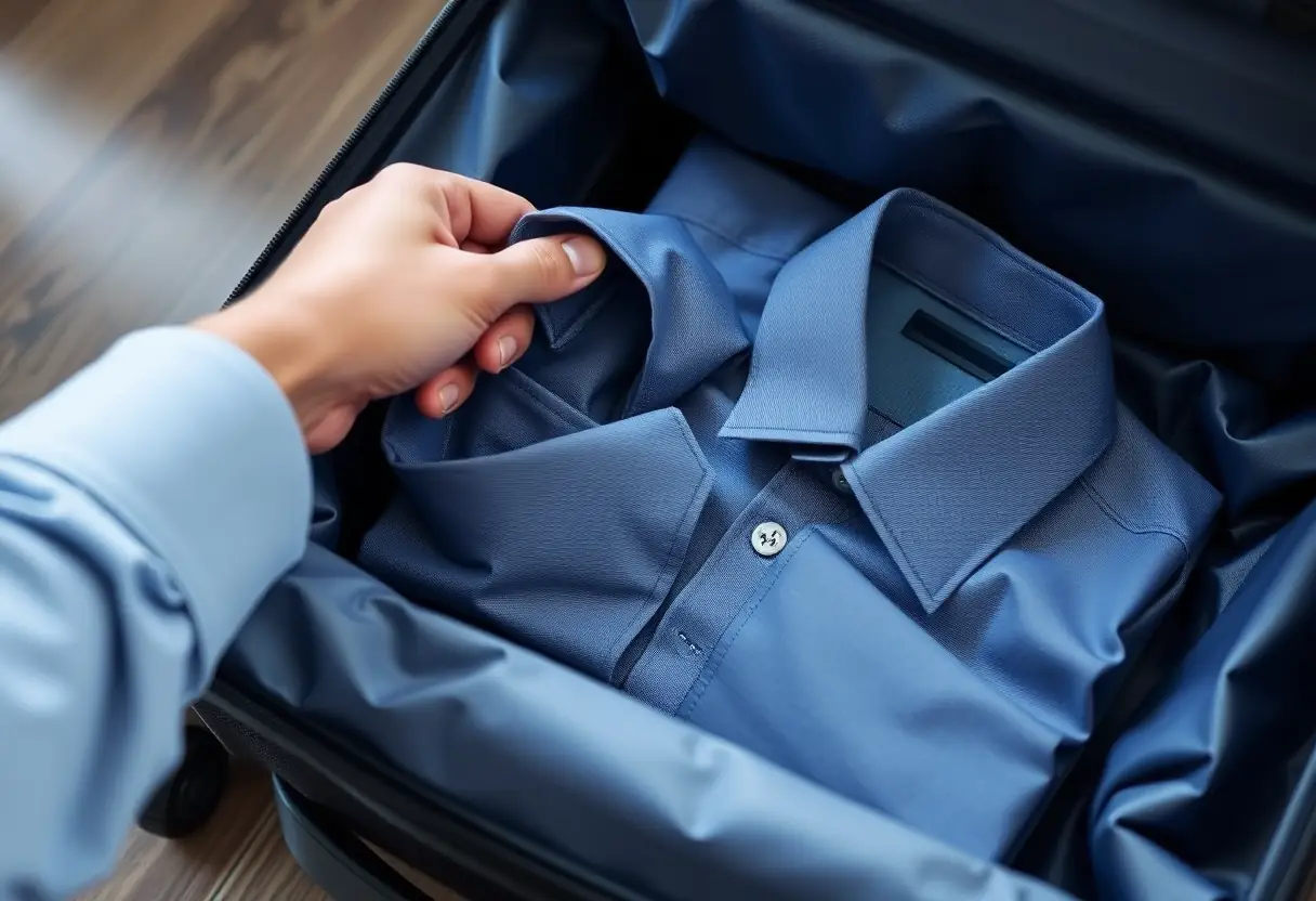 Une main plonge dans une valise pour récupérer un vêtement