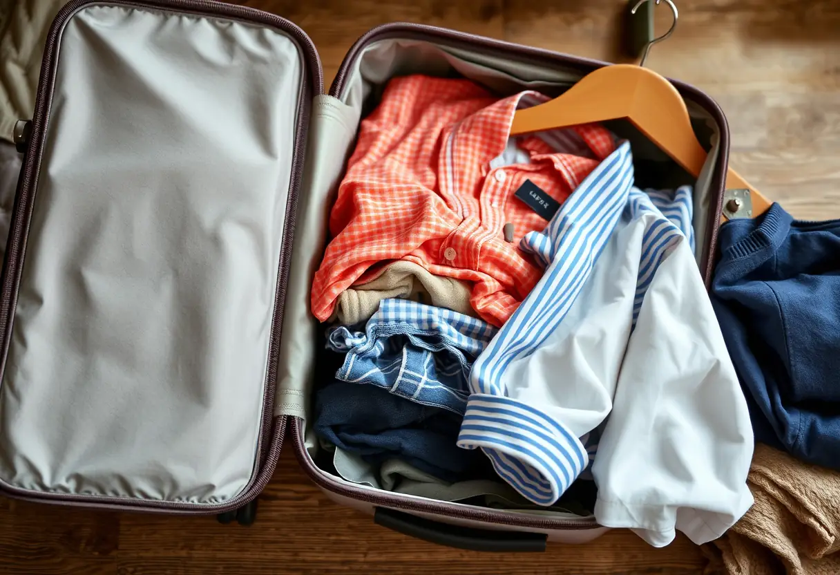 Un sac de voyage Samsonite ouvert montrant des vêtements pliés