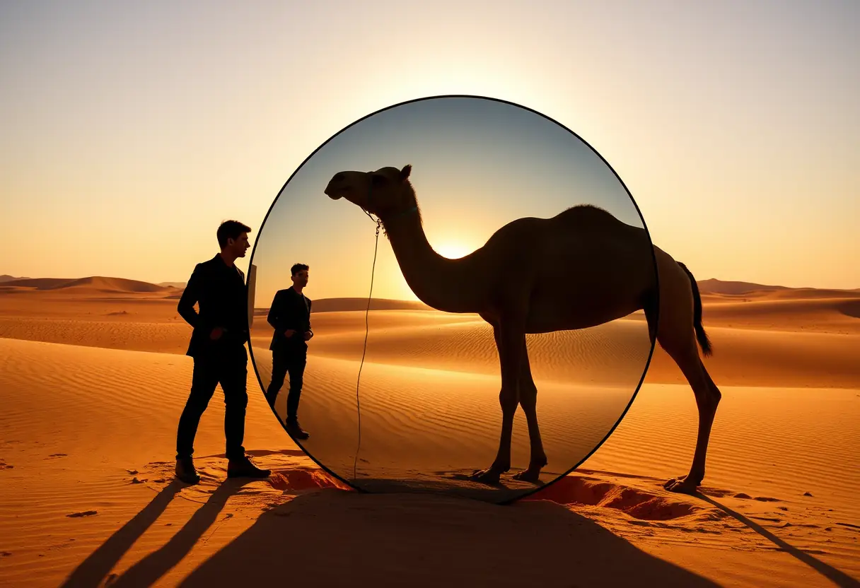 Caméléon et guide reflétés dans un miroir au milieu du désert marocain