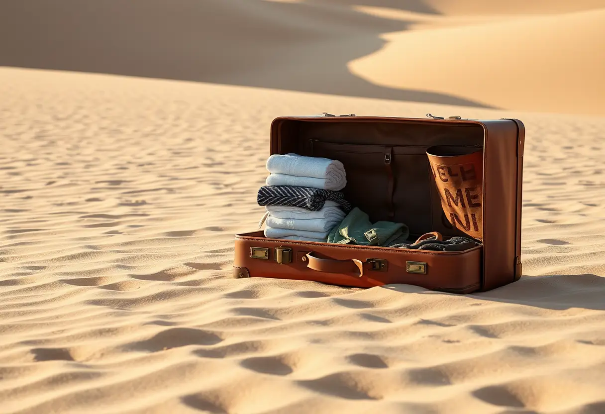 Un sac en cuir ouvert sur le sol de sable, rempli de vêtements pliés, au Maroc