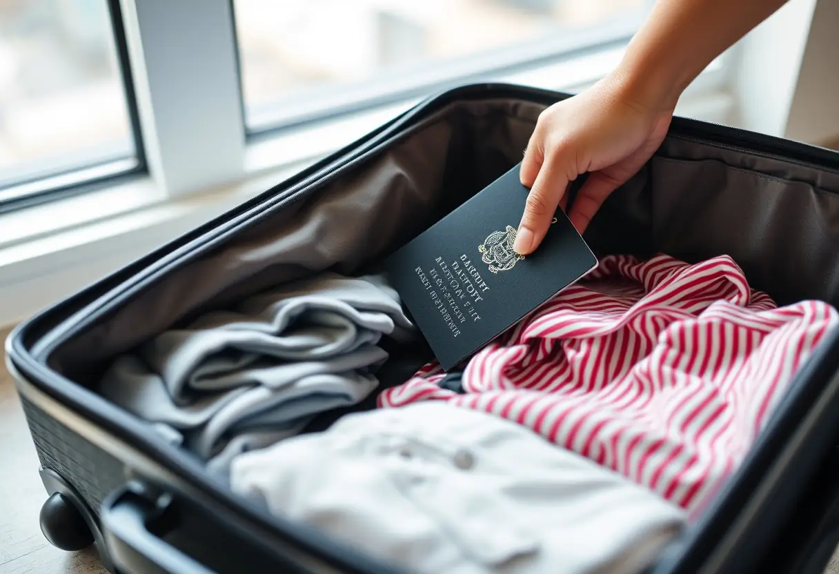Un sac à dos partiellement ouvert montrant des vêtements pliés. Une main y cherche un passeport.