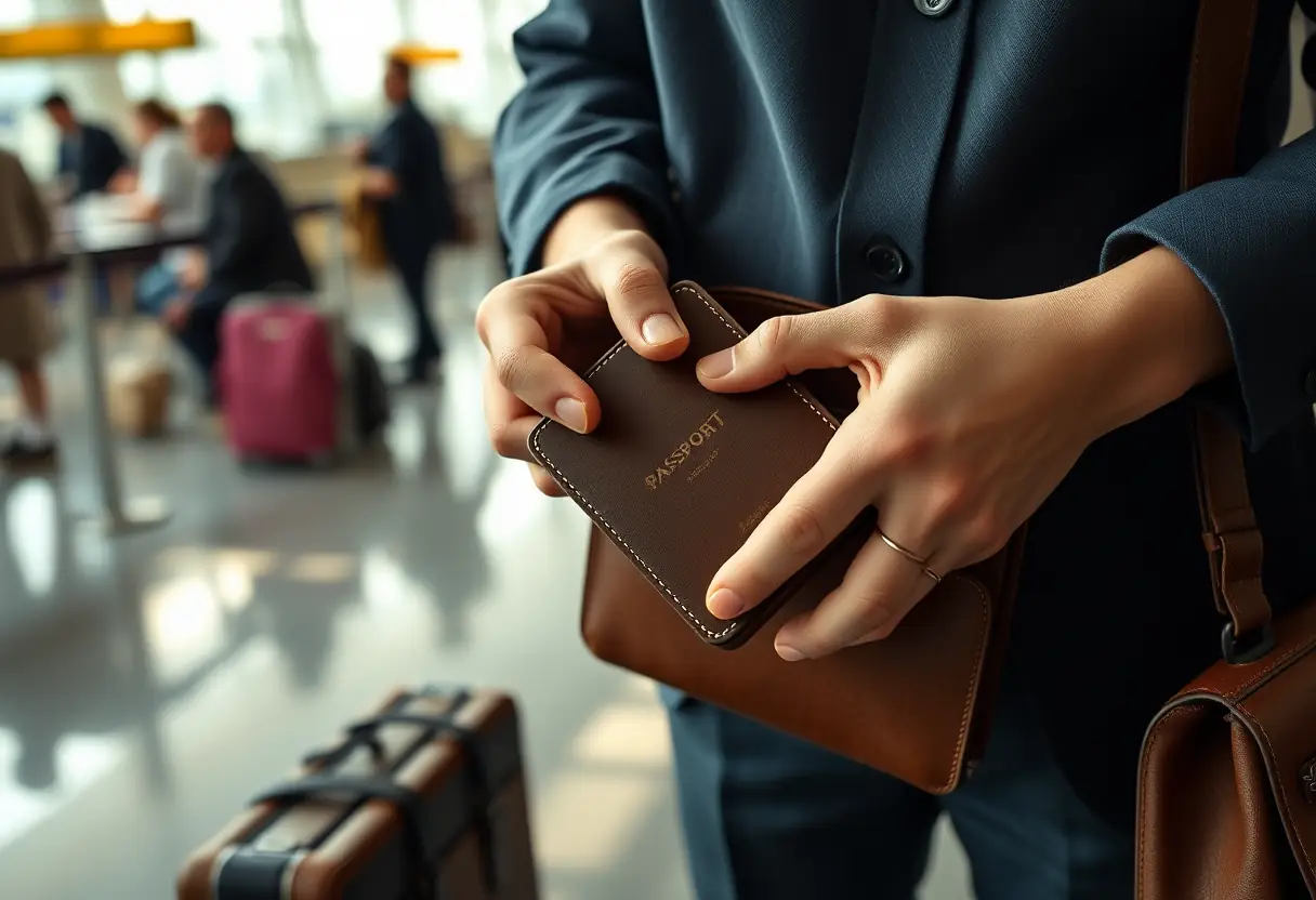 Des mains tenant un passeport dans un étui en cuir au milieu d'un portefeuille de voyage.