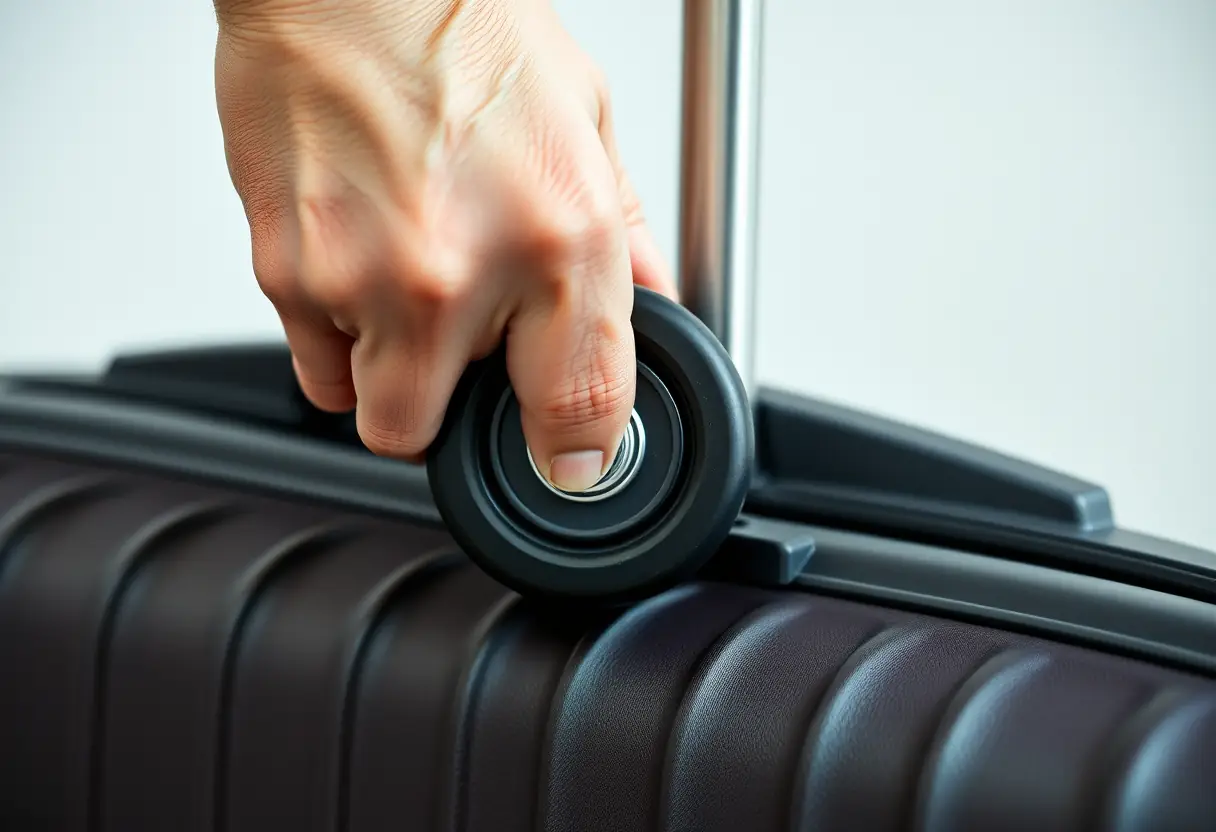 Une main tourne une roue métallique avec pneu pour valise, soulignant durabilité et fluidité