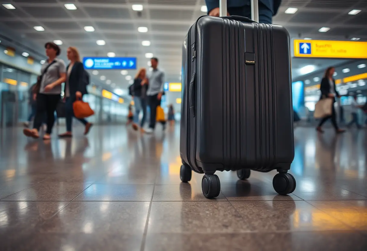 Valise roulant silencieusement dans un aéroport bondé, mettant en valeur ses roues sphériques