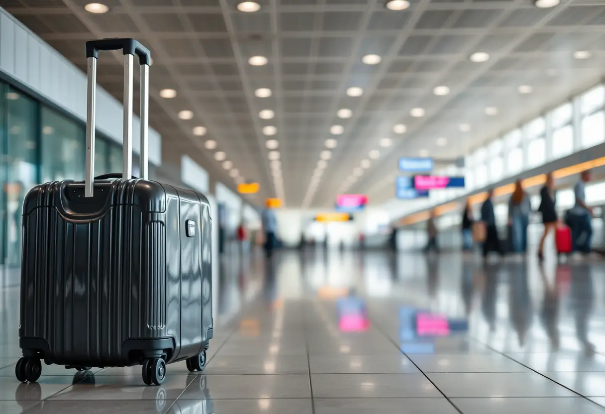 Valise sur le sol dallé d'un terminal d'aéroport au Maroc