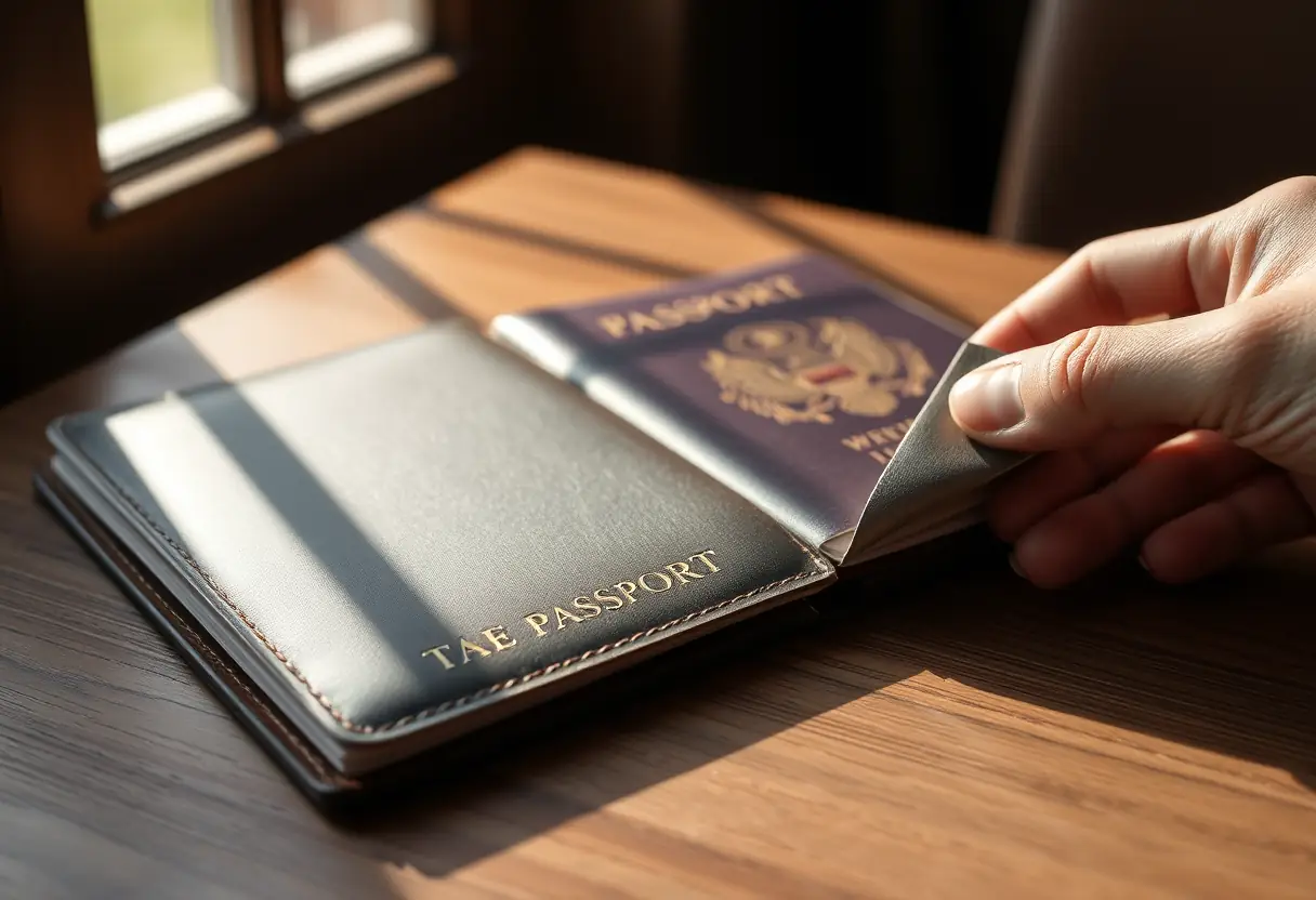 Un passeport en cuir posé sur une table avec une main qui le manipule