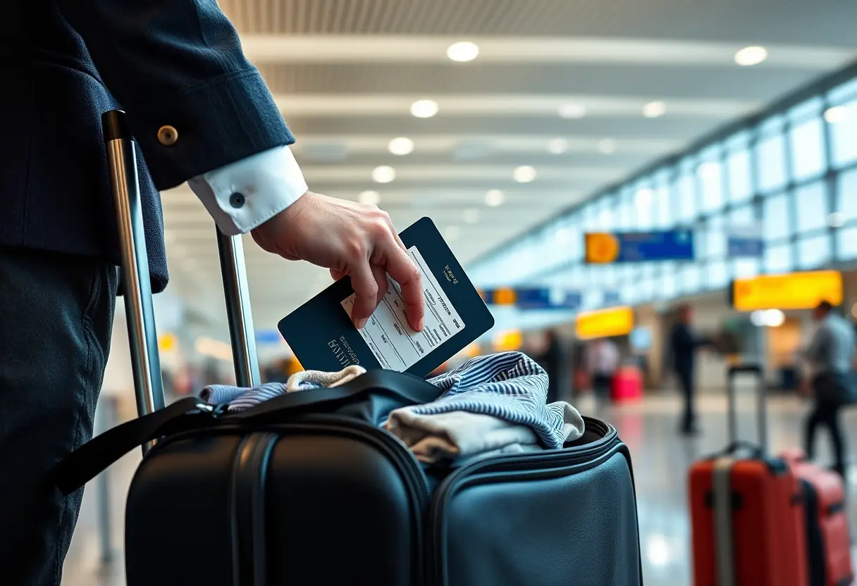 Une main cherche un visa dans un grand sac de voyage dans un aéroport bondé