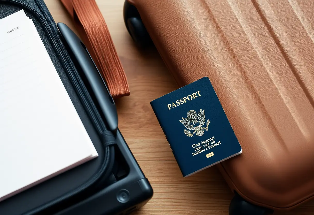 Un passeport ouvert près d'un sac prêt pour le voyage