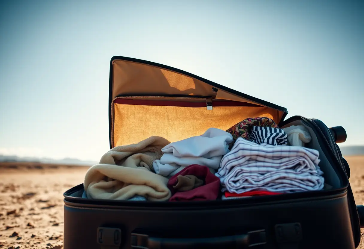 Une valise remplie de vêtements sous un ciel clair au moment de partir