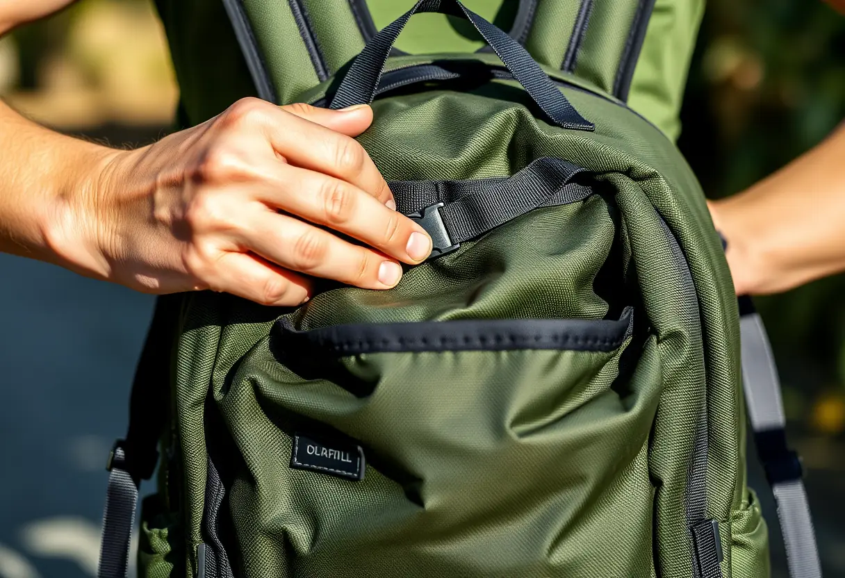 Des mains zippant un sac à dos en toile, prêt pour le voyage au Maroc