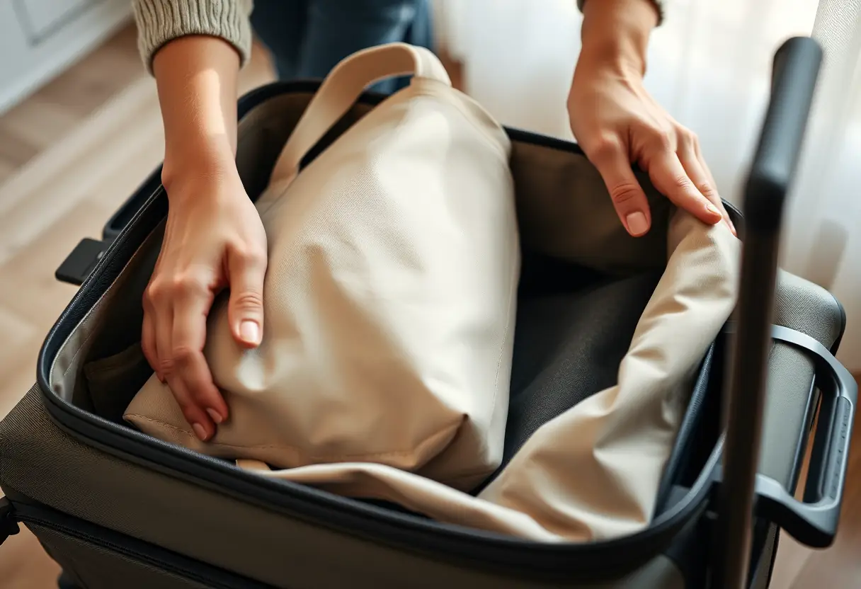 Des mains arrangeant un sac cabine dans une valise de transport