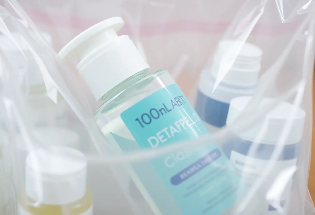 Une bouteille de shampoing de 100 ml posée dans un sac plastique transparent avec d'autres contenants similaires