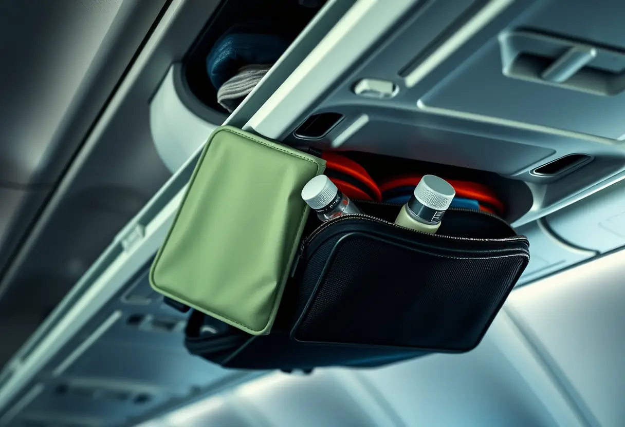 Un compartiment à bagages d'avion rempli de valises de cabine, dont une petite trousse de toilette avec une bouteille de 100 ml visible