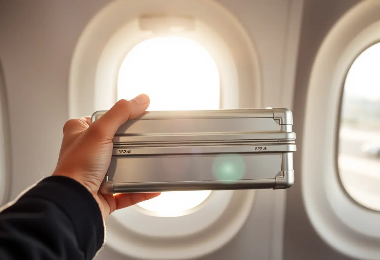 Une main tient une valise rigide en aluminium dans un aéroport.