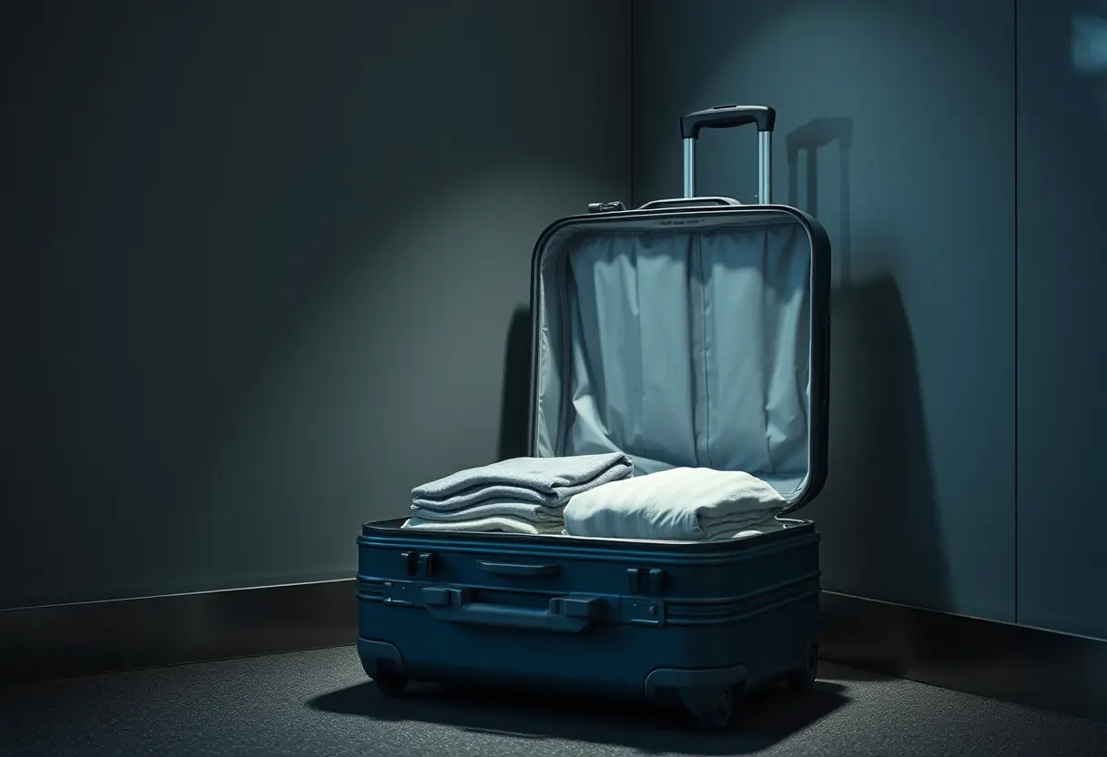Une valise en polycarbonate ouverte révèle des vêtements pliés dans un coin d'aéroport.