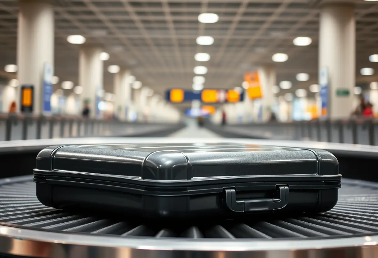 Une valise en plastique dur posée sur un tapis roulant d'aéroport