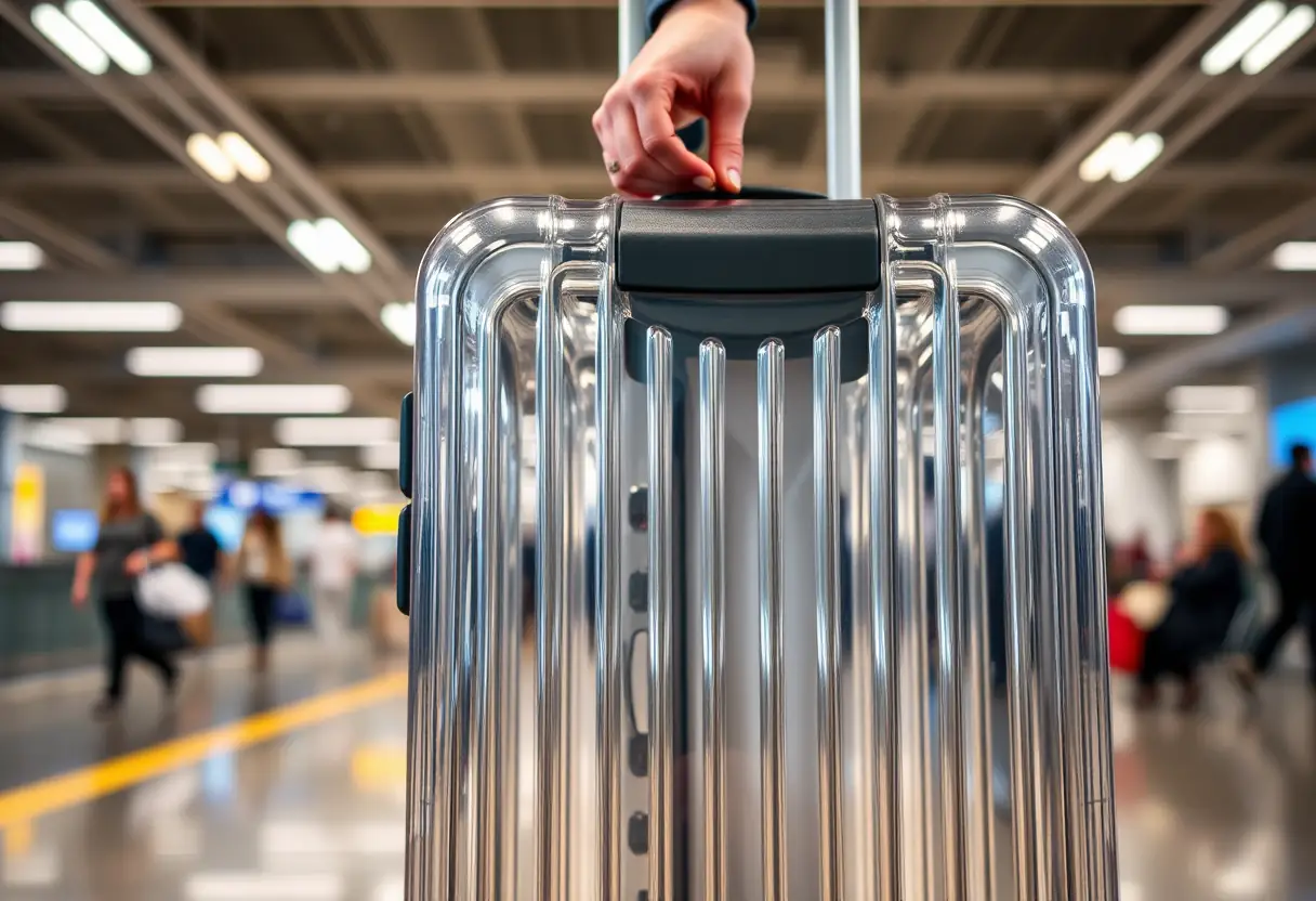 Une main ferme une valise rigide en polycarbonate dans un aéroport bondé