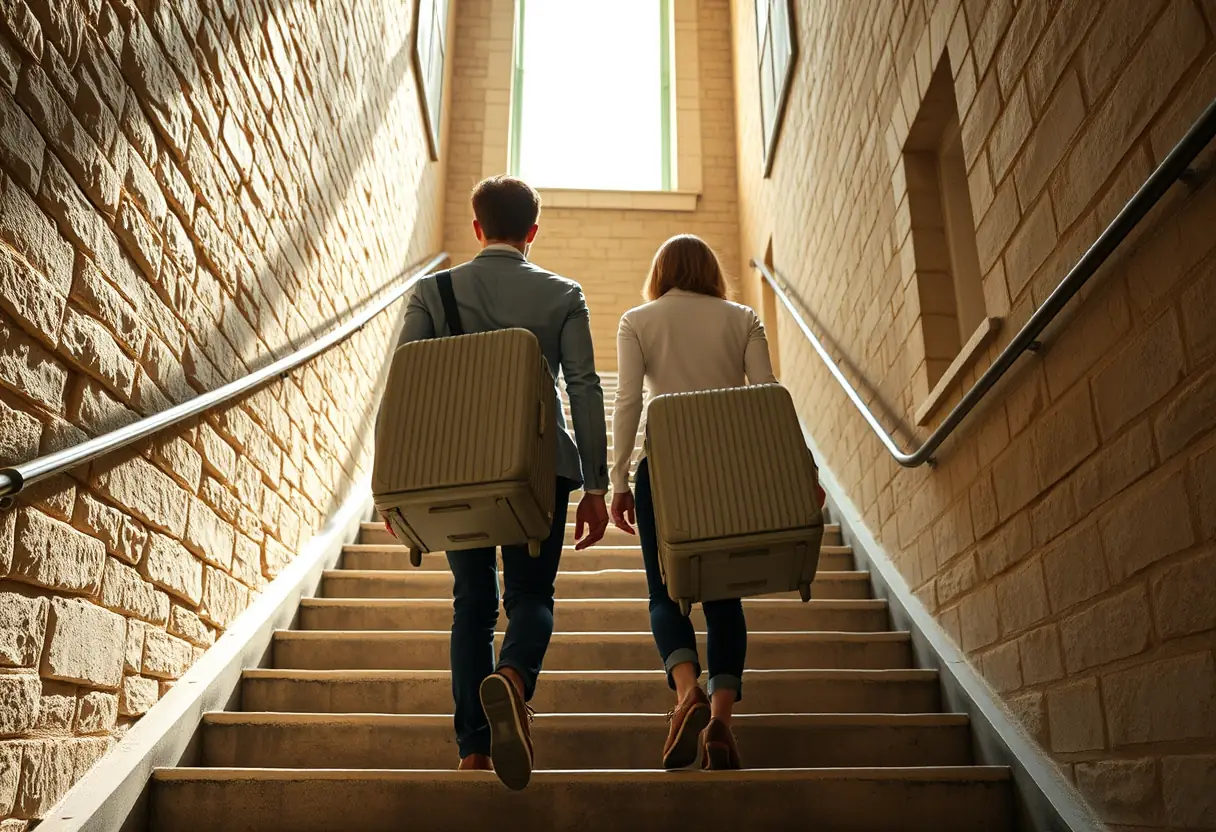 Deux personnes transportent des valises légères en polypropylène le long d'un escalier de pierre
