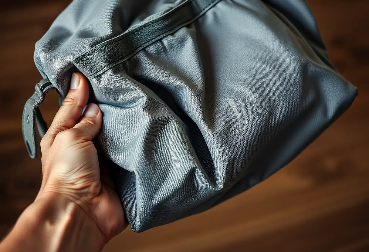Une main tenant un sac de voyage souple usagé, montrant des signes d'usure.