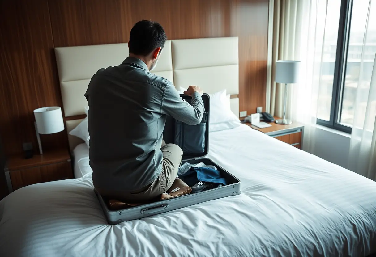 Une personne ouvre une valise en aluminium dans une chambre d'hôtel