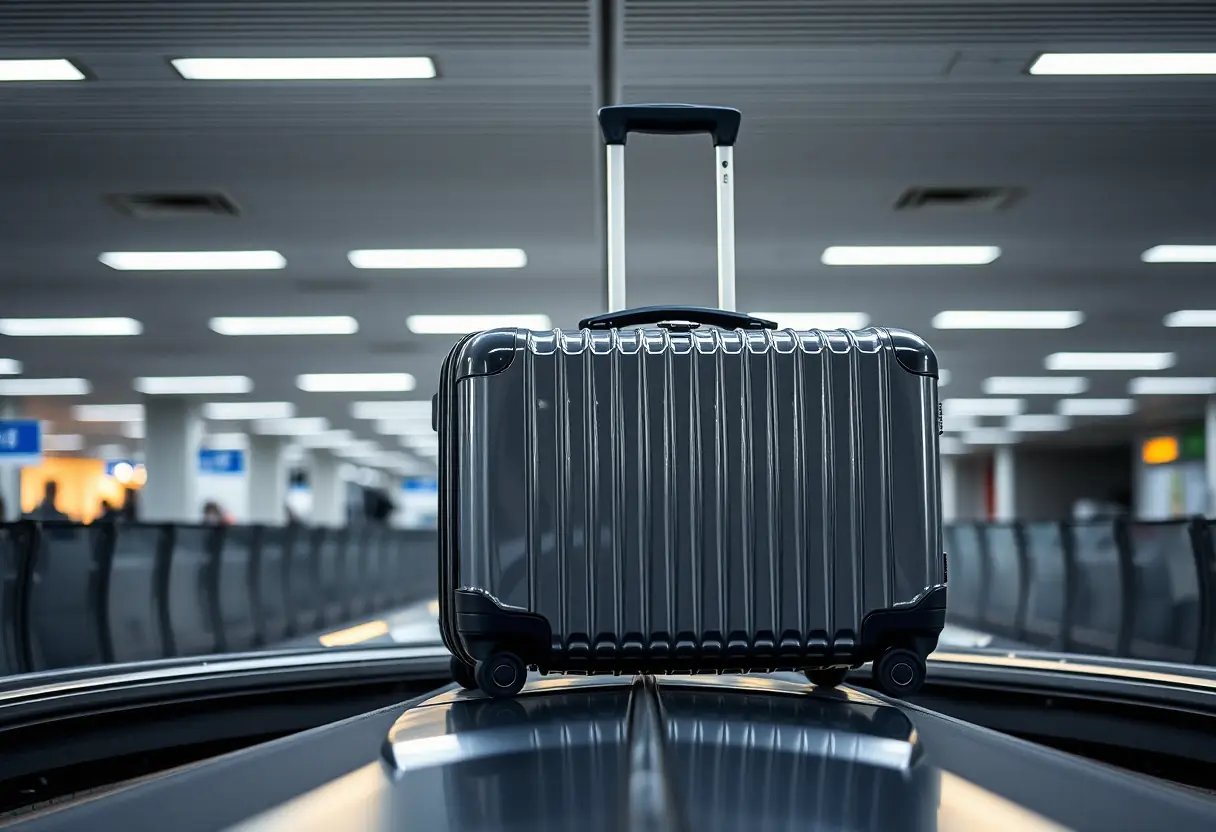 Une valise rigide en polycarbonate sur un tapis de bagages dans un aéroport.
