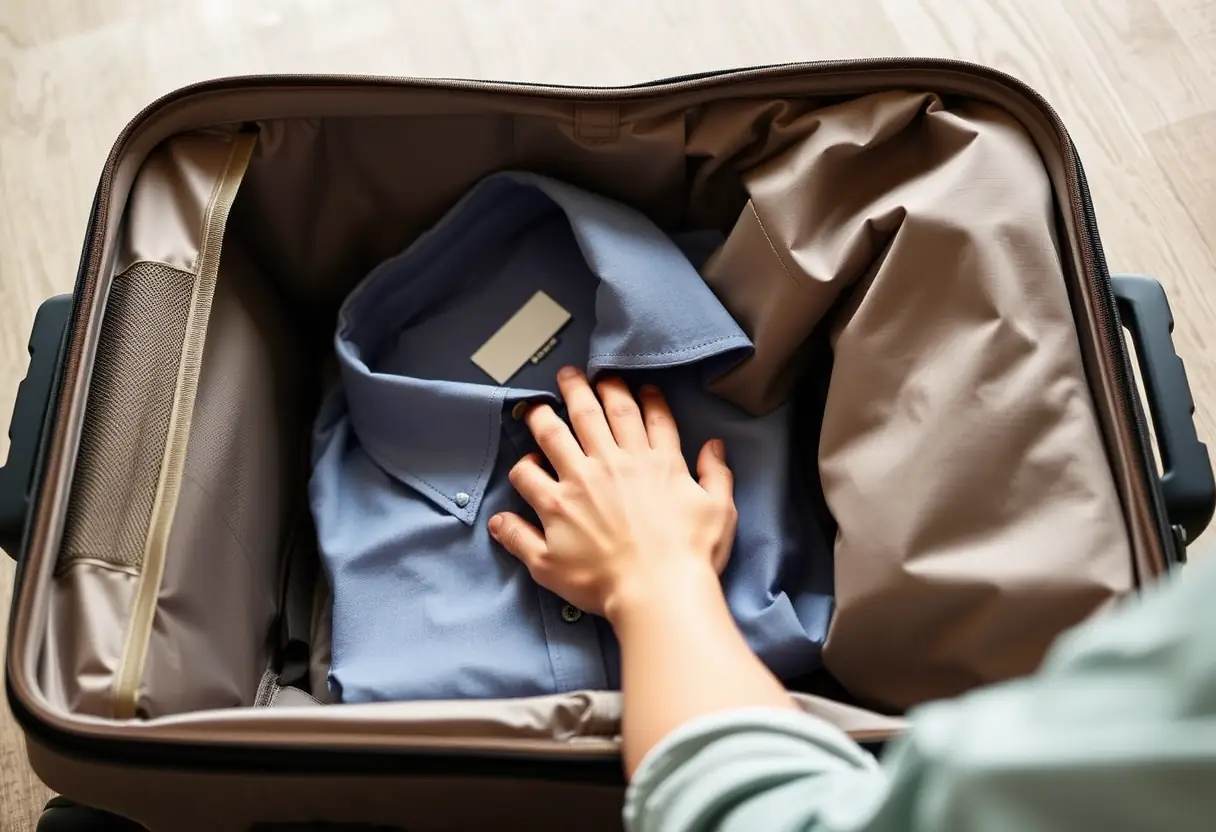 Une main plonge dans une valise rigide pour récupérer un vêtement plié, montrant son efficacité.