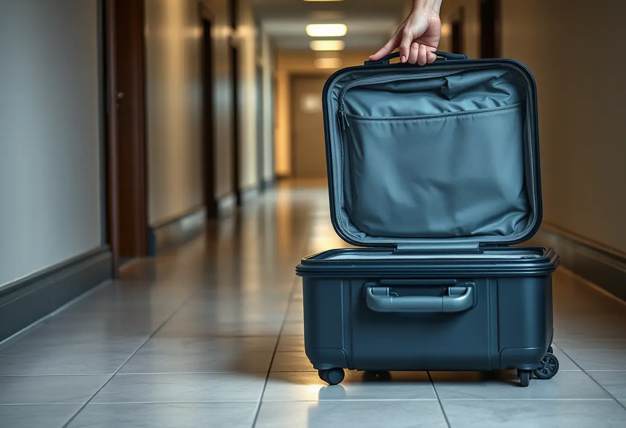 Une main pénètre dans une valise rigide en polycarbonate avec un intérieur douillet dans un couloir.