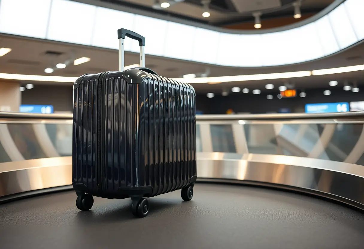 Une valise en polycarbonate sur un tapis transporte