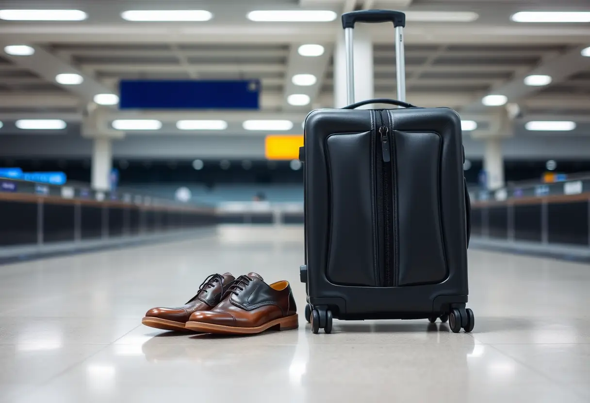 Des chaussures en cuir posées près d'une valise moderne dans une salle de récupération d'aéroport bien éclairée