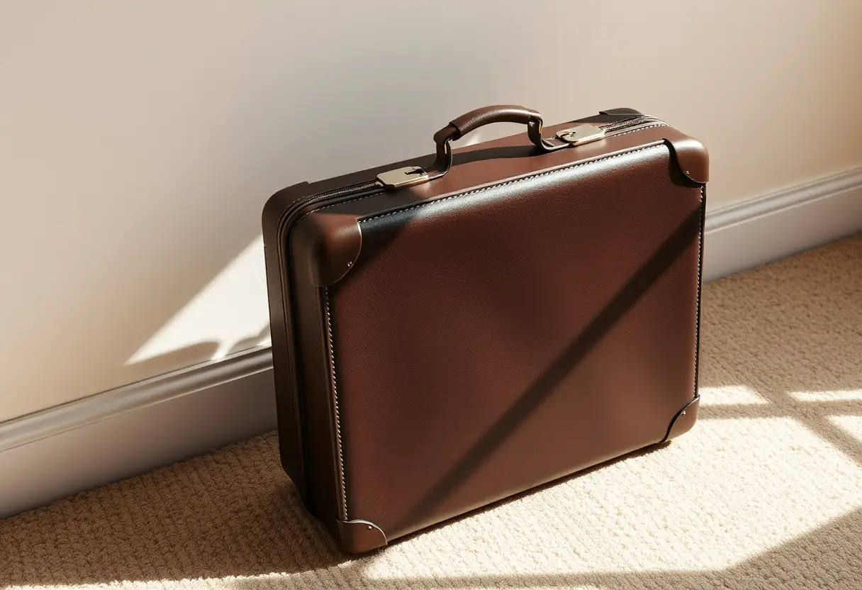 Un sac en cuir foncé près d'un tapis beige