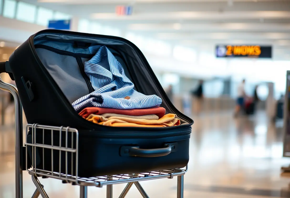 Une valise ouverte sur un chariot à l'aéroport contenant des vêtements pliés.