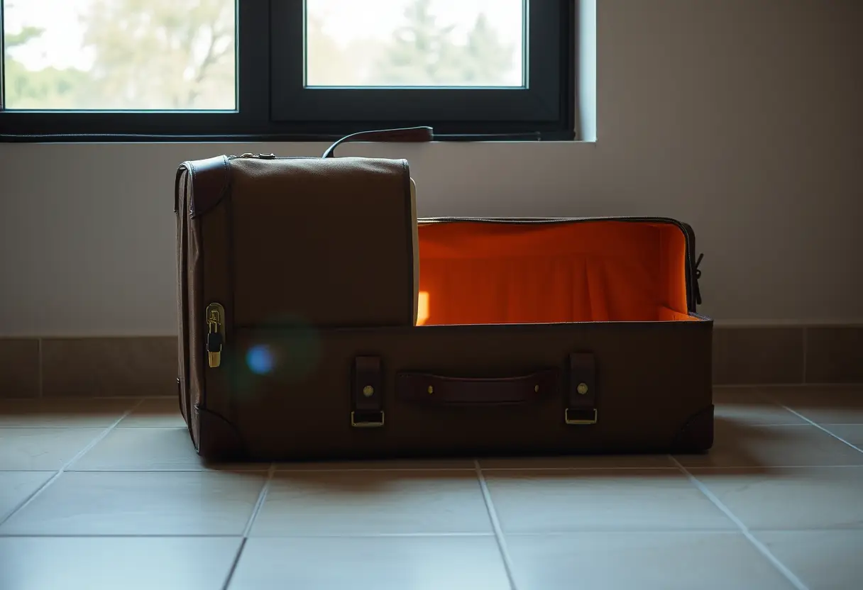 Une valise en toile robuste posée sur un sol carrelé près d'une fenêtre, la lumière du jour révélant son intérieur