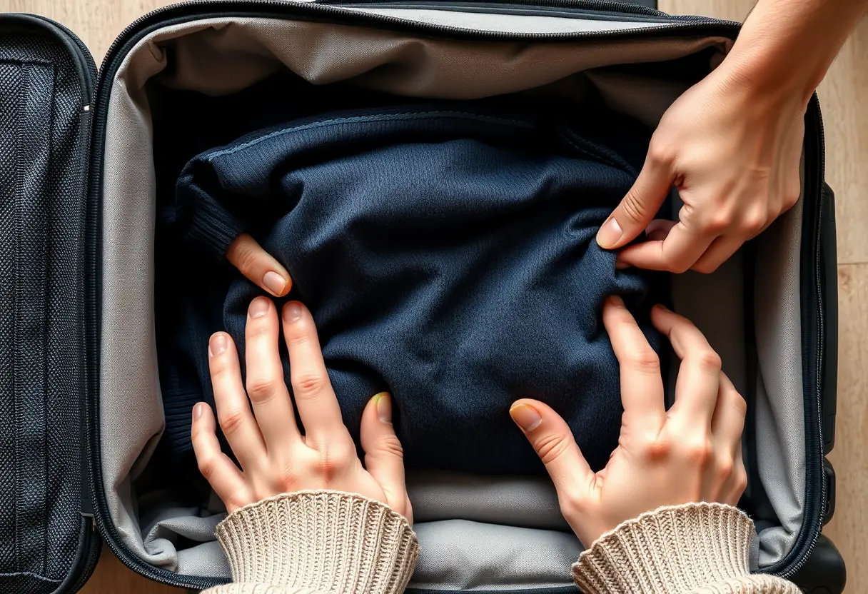 Des mains plient soigneusement des vêtements dans une valise, illustrant l'art du rangement pour voyager.