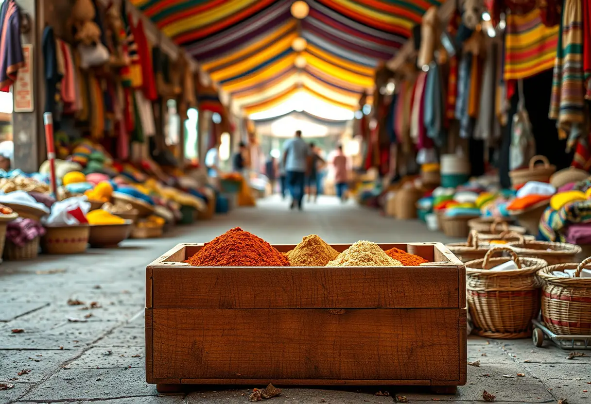 Un panier rempli d'épices dans un marché animé au Maroc