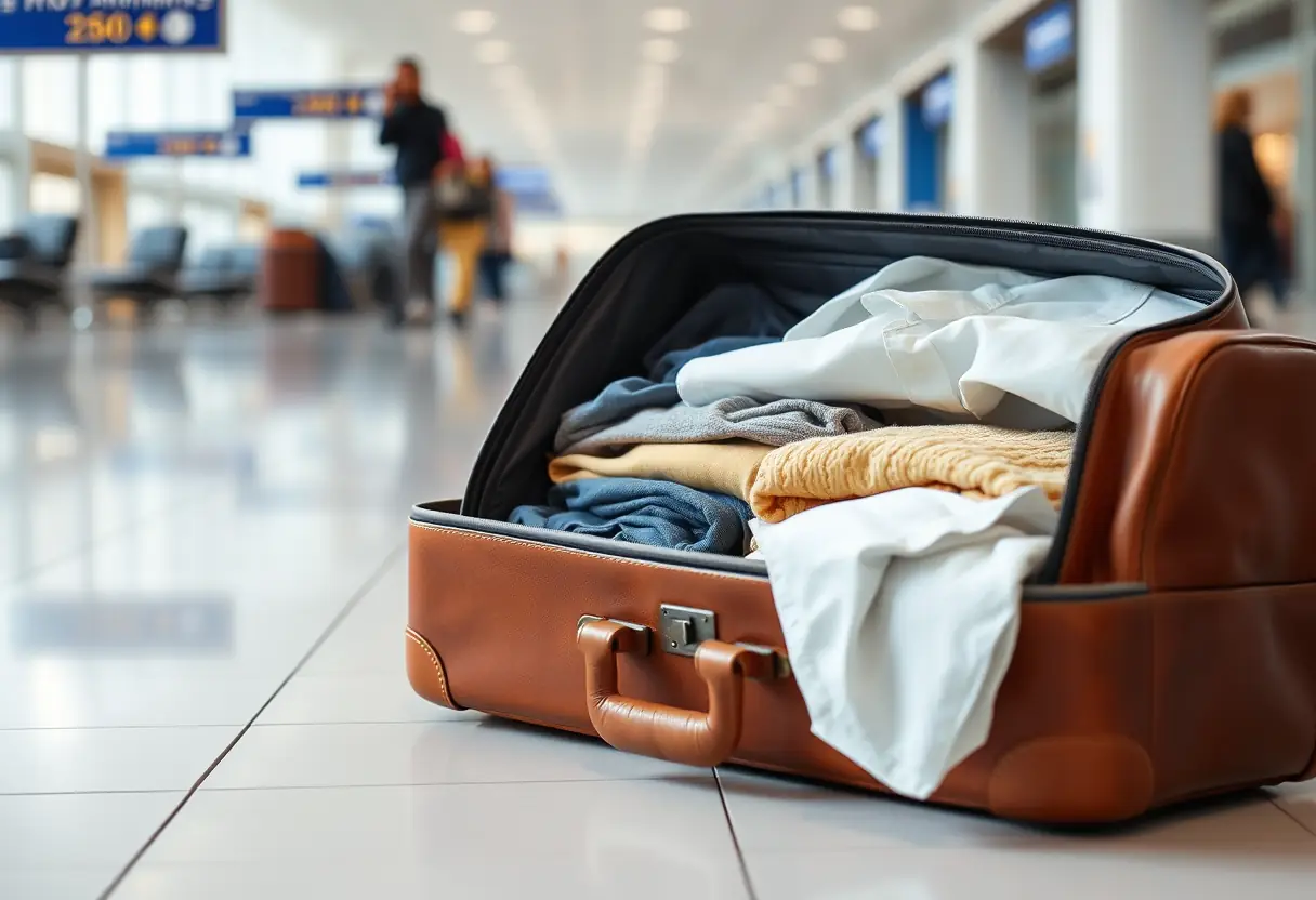 Un valise en cuir ouverte dans un hall d'aéroport, contenant des vêtements pliés