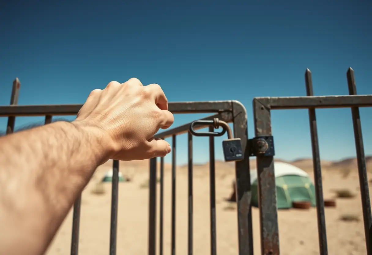 Une main qui verrouille une clôture métallique à l'entrée d'un camp de désert
