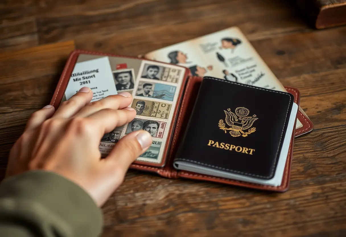 Une main qui atteint un portefeuille en cuir contenant un passeport rempli de timbres posé sur une table en bois