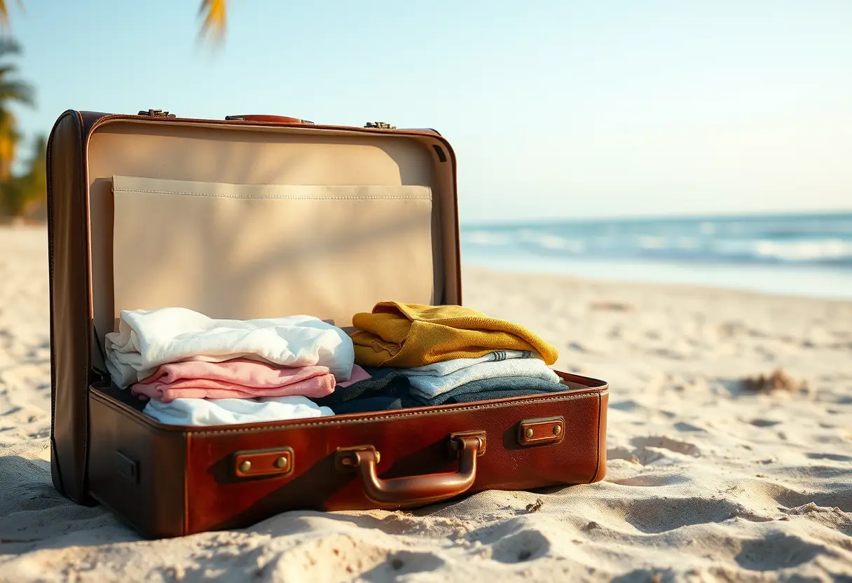 Un valise en cuir ouverte sur une plage de sable, remplie de vêtements pliés.
