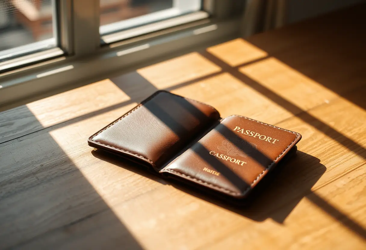 Un portefeuille en cuir ouvert sur une table, éclairé par la lumière naturelle du jour, pour les documents de voyage.