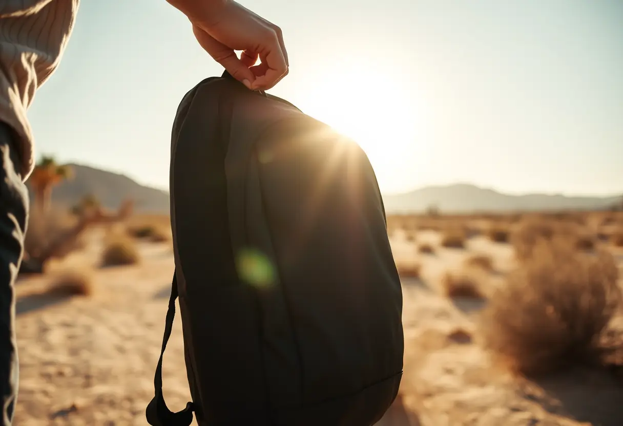 Des mains zipposnt un sac à dos en nylon noir près d'un oasi désertique au matin