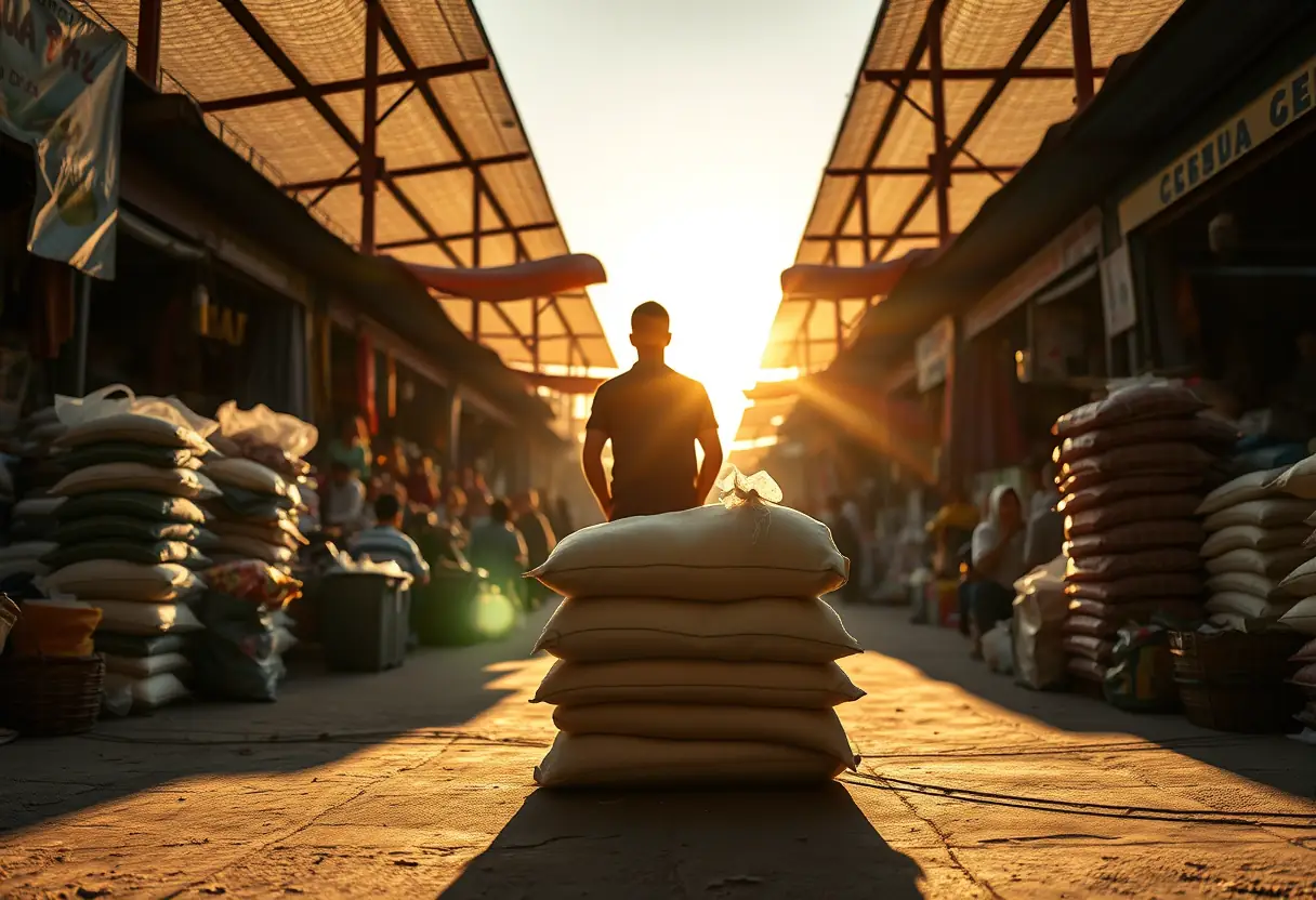Un silhouetté se tient derrière une pile de sacs en toile dans un marché animé.
