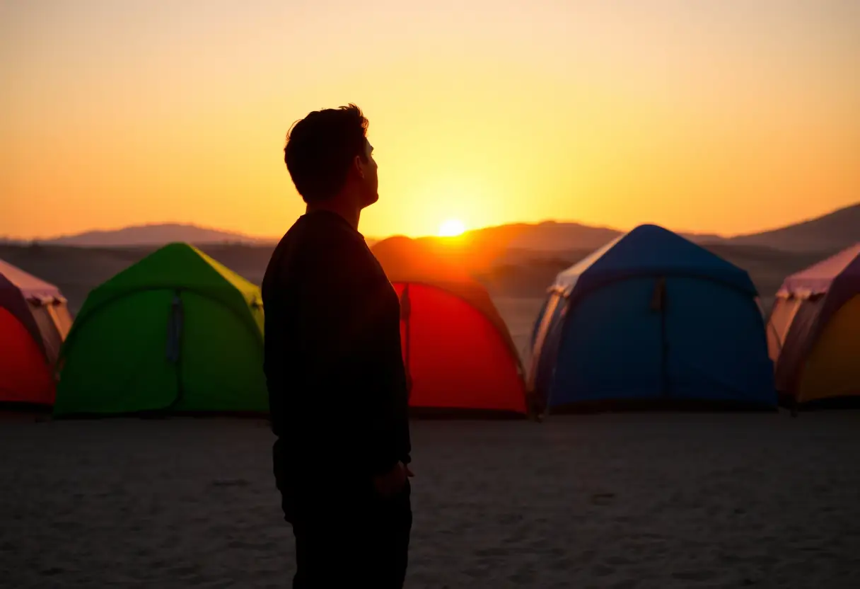 Un silhouetté se tient devant des tentes colorées dans un camp désertique au coucher du soleil